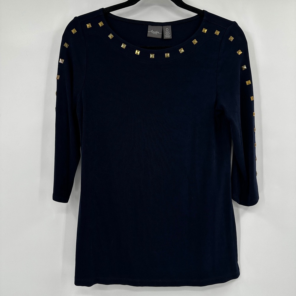 Chicos Travelers Navy Blue Studded 3/4 Sleeve Top Size 0 Small Gold Accents